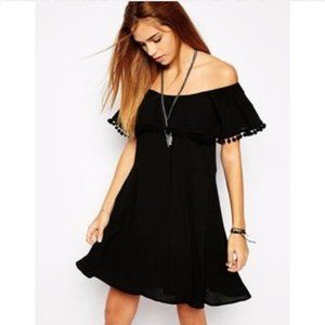 Glamorous Black Off Shoulder Pom Pom Dress